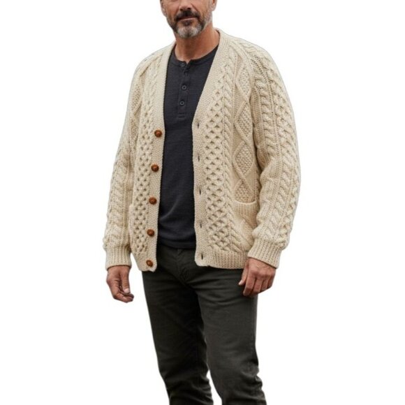 Vintage John Molloy Irish Wool Aran Cable Knit Cardigan - Picture 1 of 11